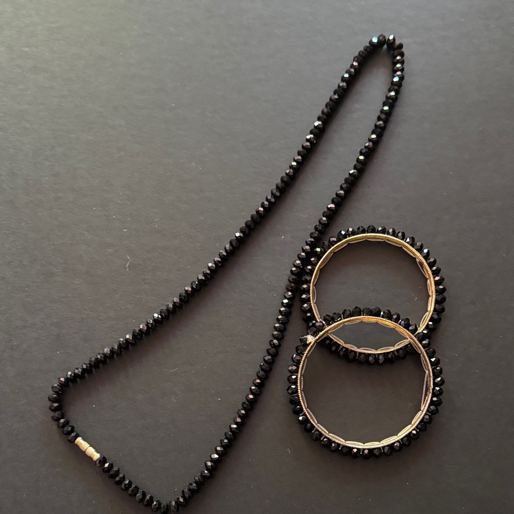 Black Beaded Necklace and Hoop Earring Set - Women's Jewelry